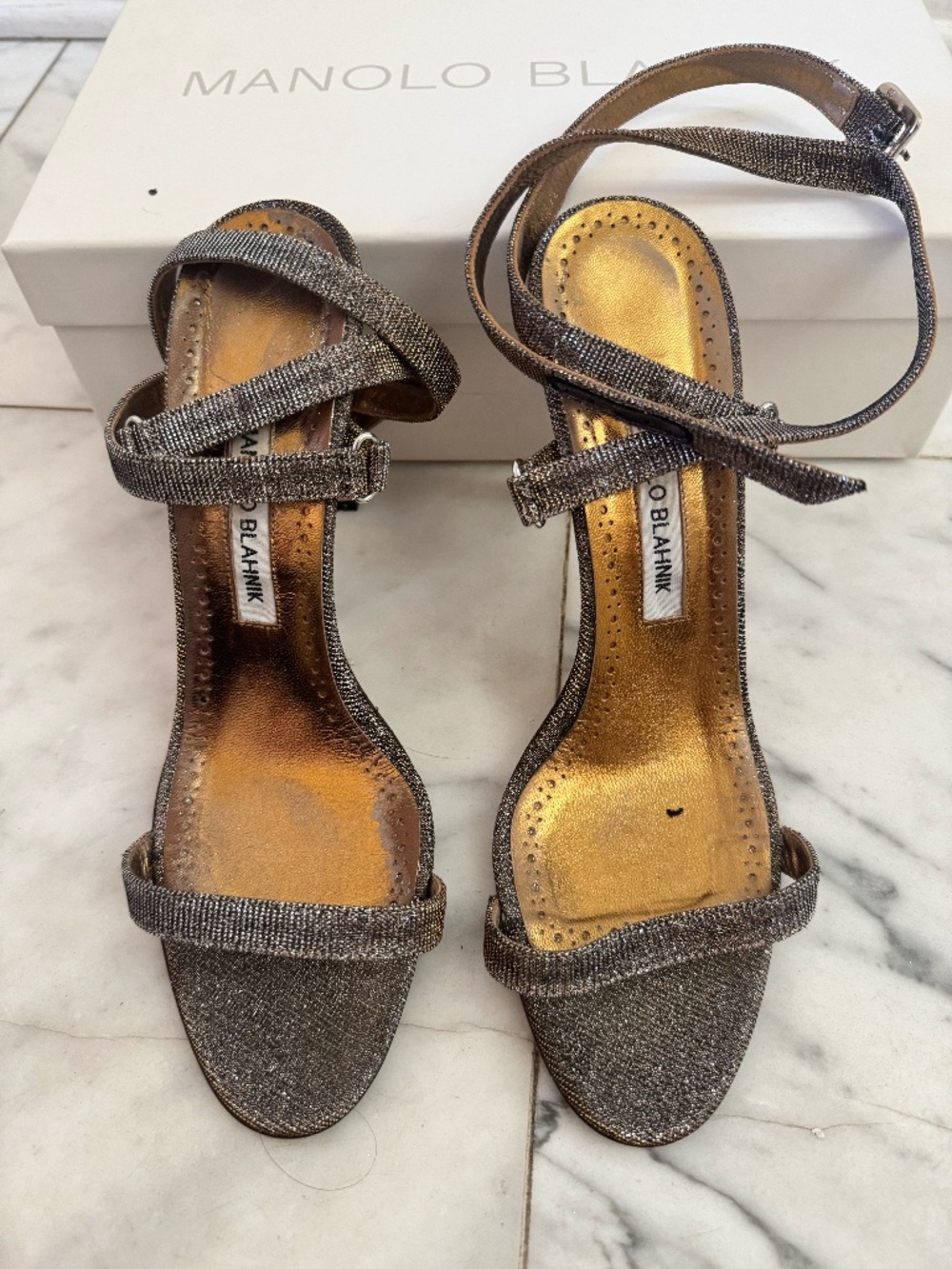 Manolo Blahnik Bronze Strappy Heels — Size 38.5Manolo Blahnik Bronze Strappy Hee